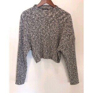 KLd 100% Cotton Cropped Sweater Sz L  Charcoal Marl Ribbed Mock Neck Made in USA